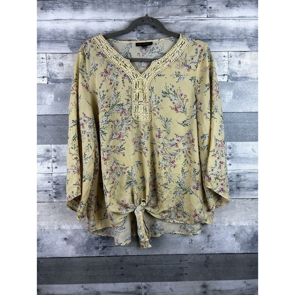 Sara Michellle XL Yellow Floral Long Sleeve V Neck Blouse